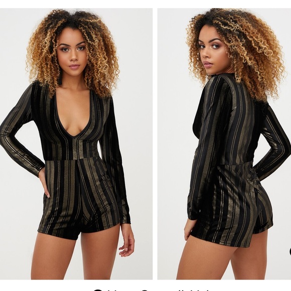 PrettyLittleThing Pants - Pretty Little Thing Velvet Stripe Plunge Playsuit